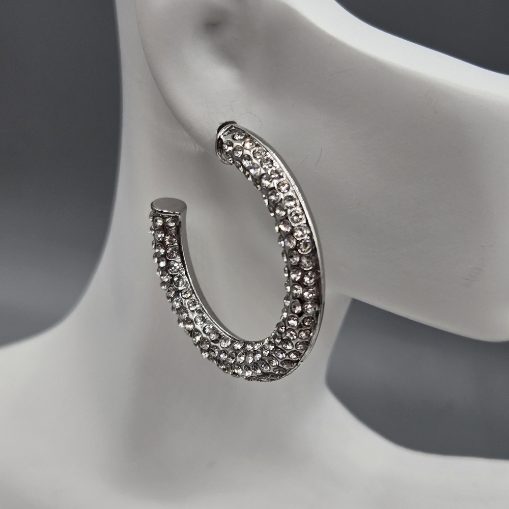 Swarovski Crystal Elements Silver Hoop Earrings 1.5 inch Clear Prom Formal